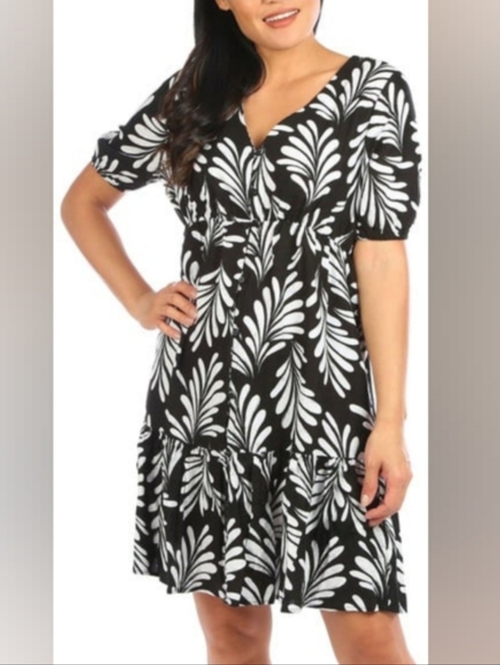 ELLEN TRACY Leaf Print Tiered Linen Blend Dress